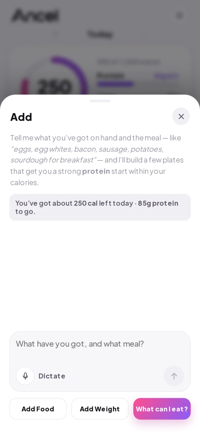 Ancel’s coach suggesting what to eat with the calories and protein you have left