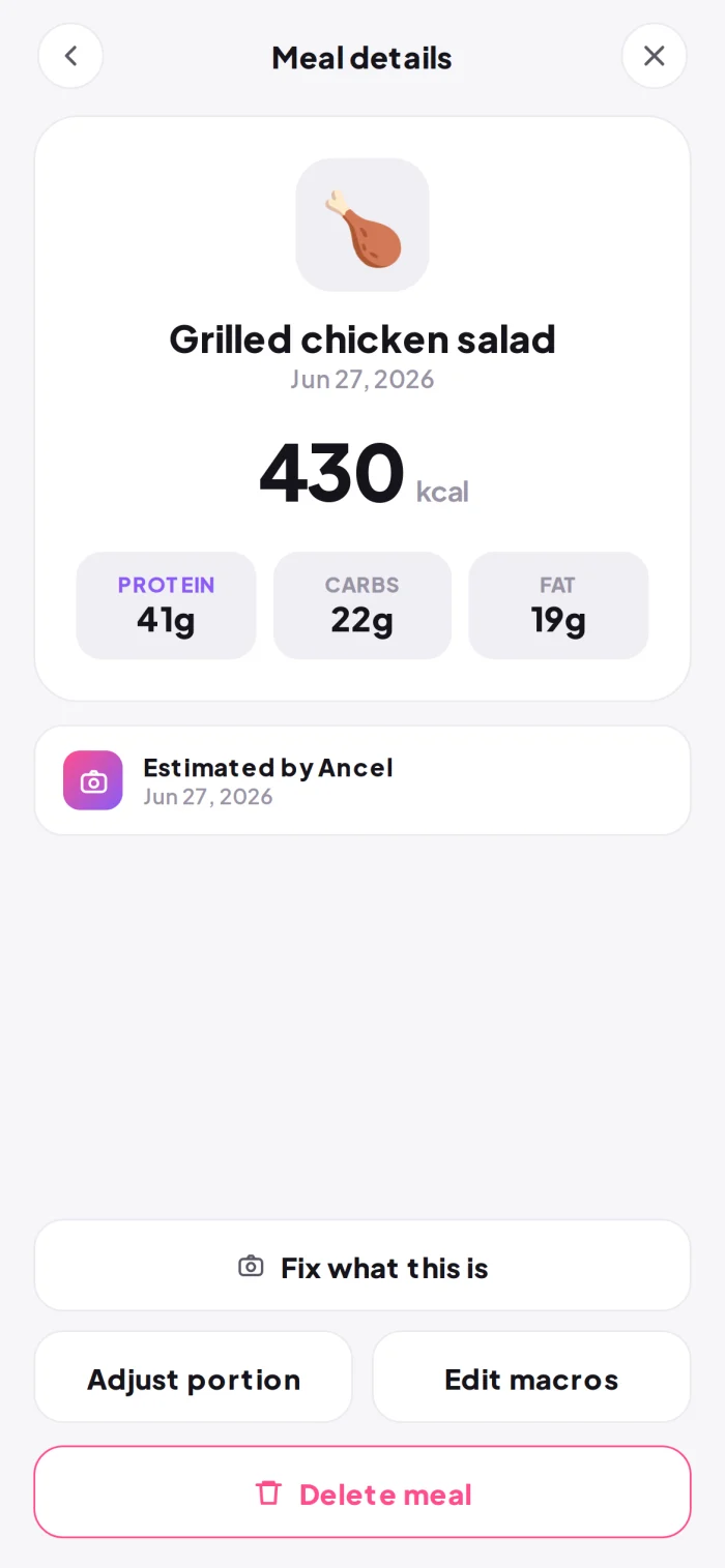 A meal logged in Ancel with calories and macros estimated automatically